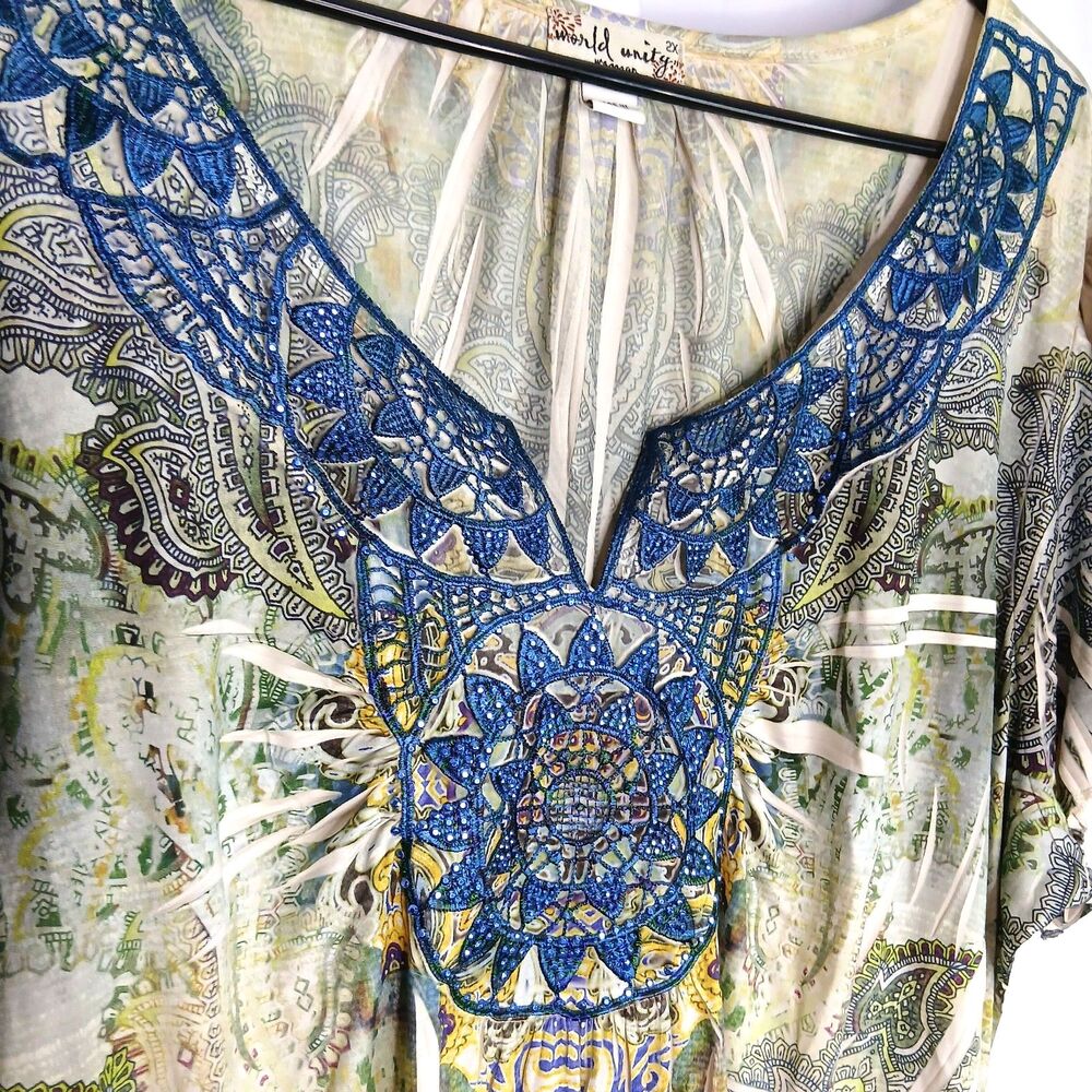 World Unity Embellished Blouse Short Slv Floral Paisley Tunic Top Boho Womens 2X - Picture 4 of 7